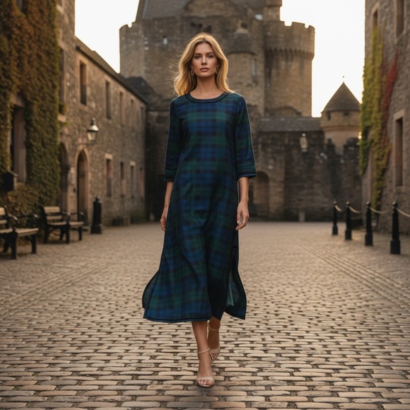 Tuckernuck | NEW Jamie Velvet Trimmed Plaid Blackwatch Midi Dress Size S - Picture 2 of 14